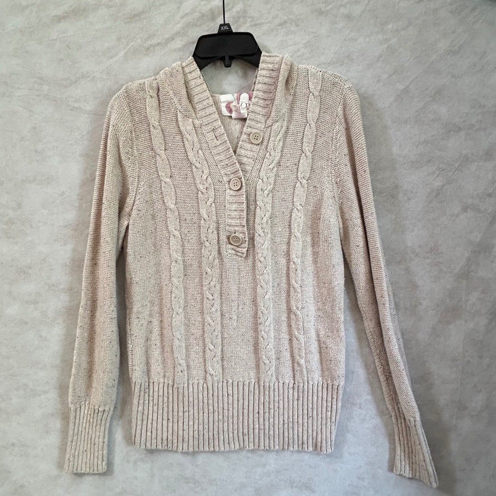 Op Women Oatmeal Heather Cable Knit Hooded Henley Sweater XL 15/17 OJ40005L